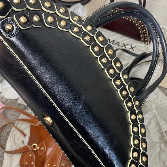 Maxx New York Leather Black Gold stud brass ball Studded Shoulder Bags - Picture 9 of 17